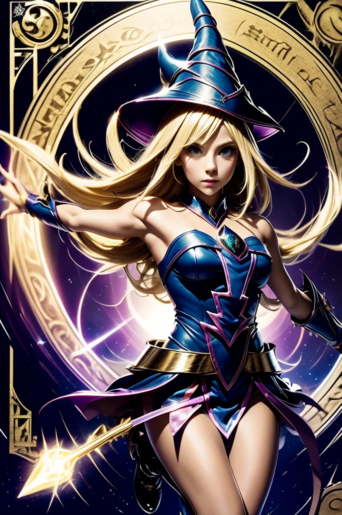 Dark Magician Girl, perfect body, blond hair, wizard staff, jumping