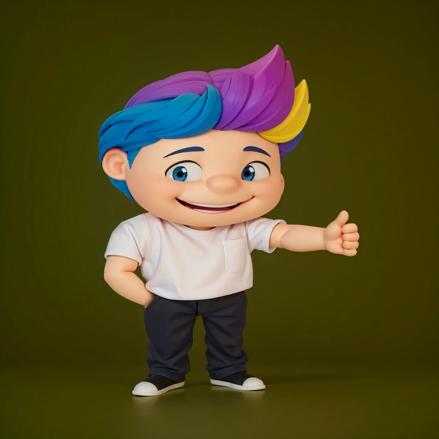 good-great,3d, high qualiy, 1,young man, with big smile, showing teeth, Big eyes, colored hair, 4 colors  hair blue, Pink, yellow and black, white shirt, fully body, positive sign, hand in pocket disney pixar style