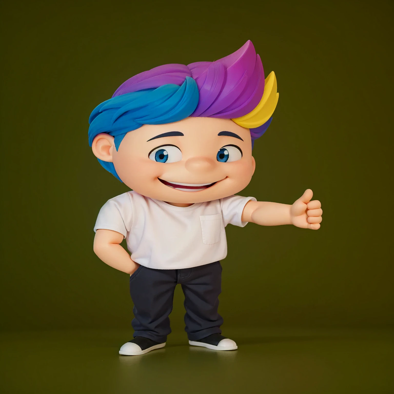 good-great,3d, high qualiy, 1,young man, with big smile, showing teeth, Big eyes, colored hair, 4 colors hair blue, Pink, yellow and black, white shirt, fully body, positive sign, hand in pocket disney pixar style