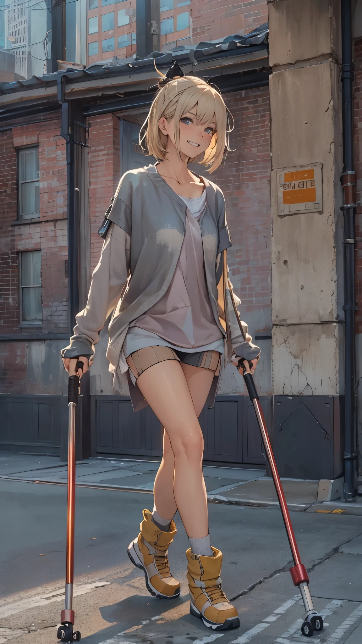(Very detailed, Realistic), Cityscape, [moderately:Oil], [Professional:1.1], [Physically Based Rendering], [Bright colors], [Sharp focus], [Studio Lighting], [Extreme Detail], [Highest quality,4K,8K,High resolution,masterpiece:1.2],(Detailed face),((inside the hospital)),((One 18-year-old woman)),(Blonde unkempt hair),(dark),(it hurts),(Scary),(grin),[Nervous eyes],((her legs are very thin)),((She walks with crutches,Crutch length from armpit,Crutches are at her side)),((she leans on her crutches)),((she’s putting on her legs in cast)),((leg braces)),((leg braces)),((she’s wheelchair user)),((she’s wheelchair user)),((Her feet are turned inwards)),(street casual fashion,cold shoulder tops,shorts,loose socks),((lace-up-boots)),(gloves,Knee pads),.