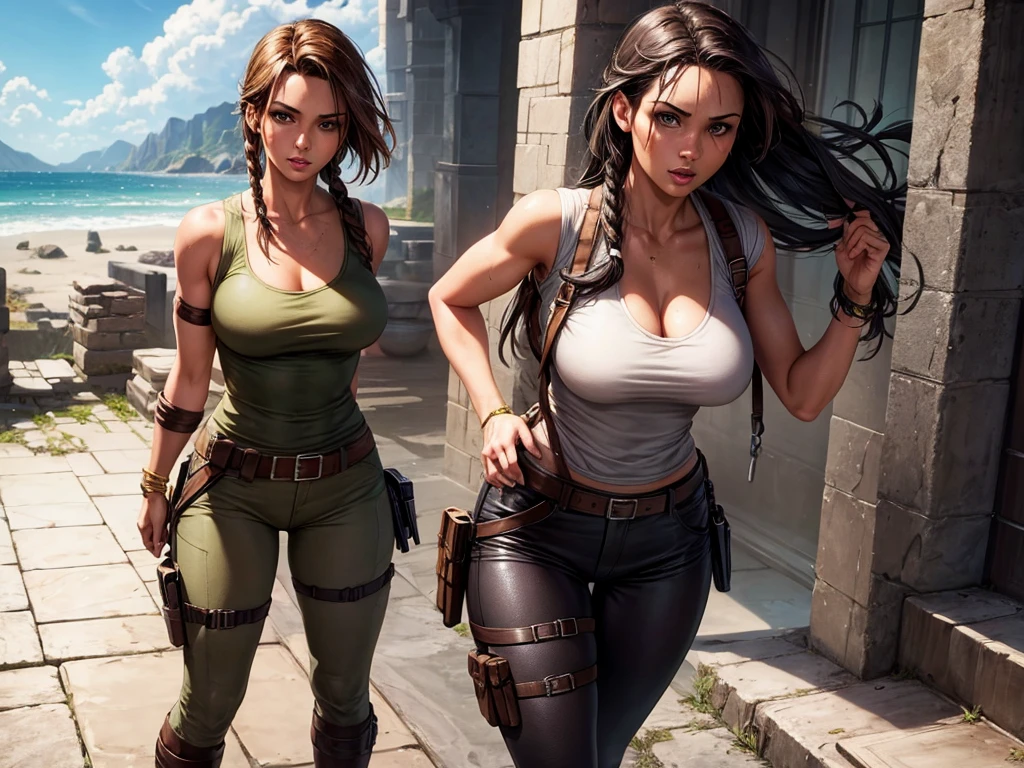 Lara croft, perfect face, perfect eyes, dressed in full body, classic suit