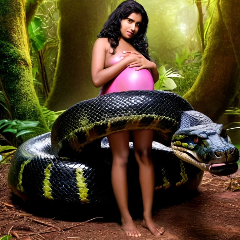 Pregnant ???????  pink ????? wearing aroused ????? beautiful happy young Indian teen girl vs  Giant colossal black anaconda monster wrapped around her body squeezing her in coiled embrace cuddling and kissing  ?????? ?????? ??????????  ???  realistic in the rainforest full body, best quality wet 