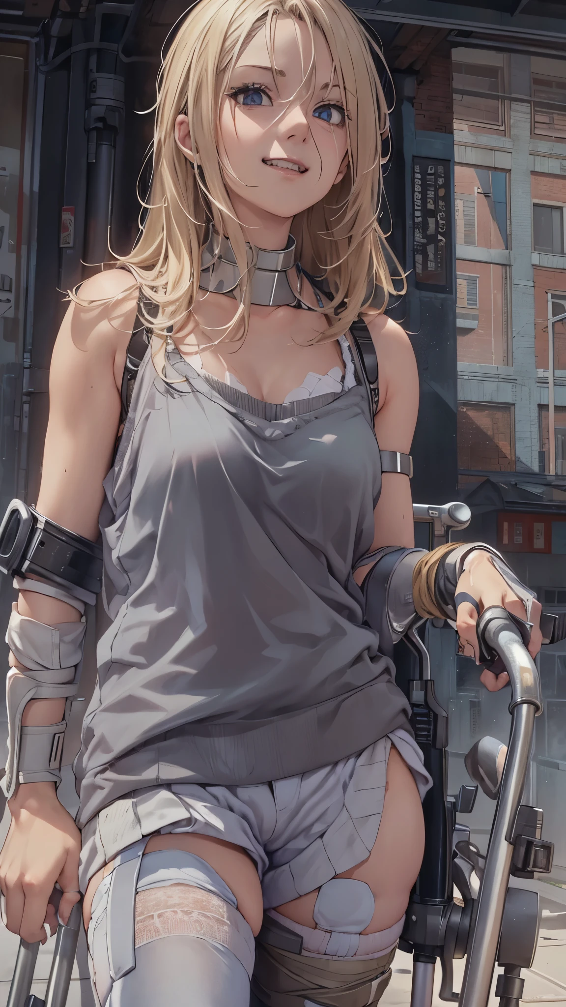(Very detailed, Realistic), Cityscape, [moderately:Oil], [Professional:1.1], [Physically Based Rendering], [Bright colors], [Sharp focus], [Studio Lighting], [Extreme Detail], [Highest quality,4K,8K,High resolution,masterpiece:1.2],(Detailed face),((inside the hospital)),((One 18-year-old woman)),(Blonde unkempt hair),(dark),(it hurts),(Scary),(grin),[Nervous eyes],((her legs are very thin)),((She walks with crutches,Crutch length from armpit,Crutches are at her side)),((she leans on her crutches)),((she’s putting on her legs in cast)),((leg braces)),((leg braces)),((she’s wheelchair user)),((she’s wheelchair user)),((Her feet are turned inwards)),(street casual fashion,cold shoulder tops,shorts,loose socks),((lace-up-boots)),(gloves,Knee pads),.