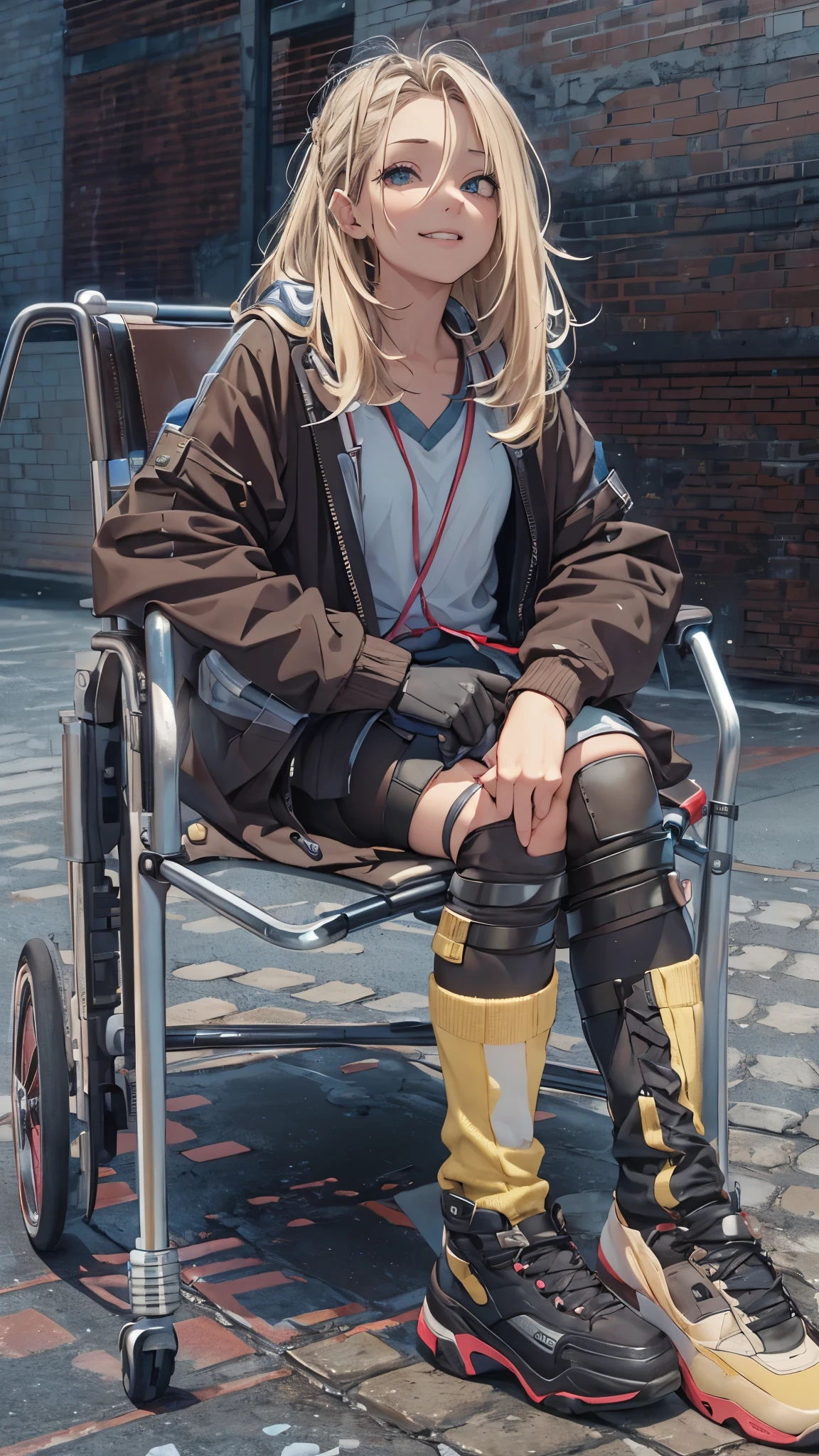 (Very detailed, Realistic), Cityscape, [moderately:Oil], [Professional:1.1], [Physically Based Rendering], [Bright colors], [Sharp focus], [Studio Lighting], [Extreme Detail], [Highest quality,4K,8K,High resolution,masterpiece:1.2],(Detailed face),((inside the hospital)),((One 18-year-old woman)),(Blonde unkempt hair),(dark),(it hurts),(Scary),(grin),[Nervous eyes],((her legs are very thin)),((She walks with crutches,Crutch length from armpit,Crutches are at her side)),((she leans on her crutches)),((she’s putting on her legs in cast)),((leg braces)),((leg braces)),((she’s wheelchair user)),((she’s wheelchair user)),((Her feet are turned inwards)),(street casual fashion,cold shoulder tops,shorts,loose socks),((lace-up-boots)),(gloves,Knee pads),.
