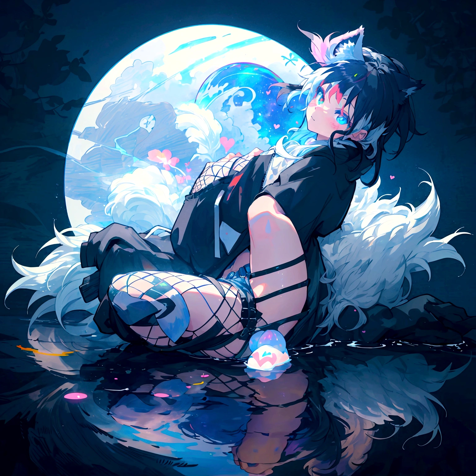 a cute adult male with wolf ears, long white hair, long locks, has a wolf tail, wearing a loose cropped black hoodie, wearing a pair of denim short shorts and fishnet stockings, thick thighs, wide hips, relaxing on mound of fluffy multi colored kawaii plushies, short, very slim, showing slender tummy, heart on hoodie, squishy thighs, has glowing blue eyes. alone, solo (ALONE)(SOLO), surrounded by rainbows, colorful galaxy backround, smiling, stretching out, water reflection