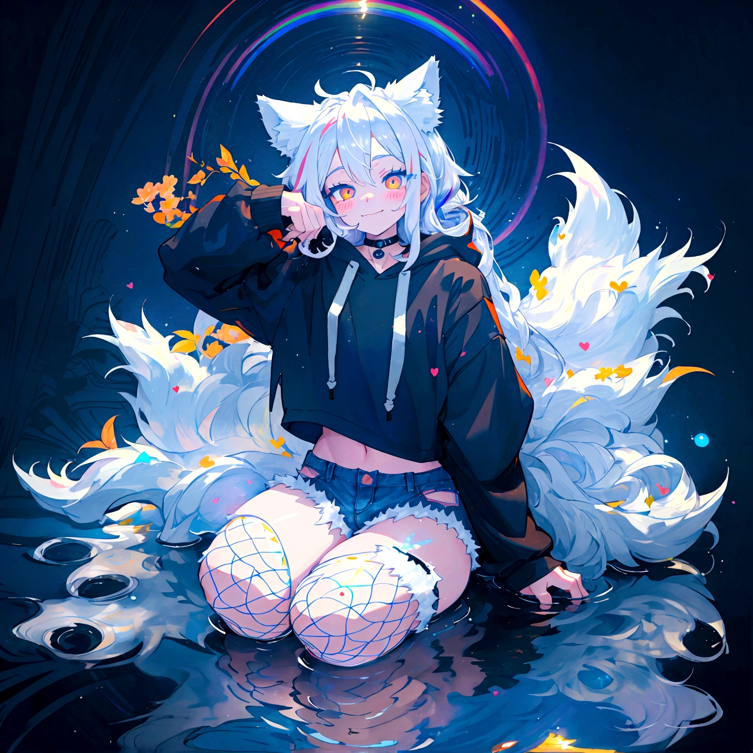 a cute adult male with wolf ears, long white hair, long locks, has a wolf tail, wearing a loose cropped black hoodie, wearing a pair of denim short shorts and fishnet stockings, thick thighs, wide hips, relaxing on mound of fluffy multi colored kawaii plushies, short, very slim, showing slender tummy, heart on hoodie, squishy thighs, has glowing blue eyes. alone, solo (ALONE)(SOLO), surrounded by rainbows, colorful galaxy backround, smiling, stretching out, water reflection