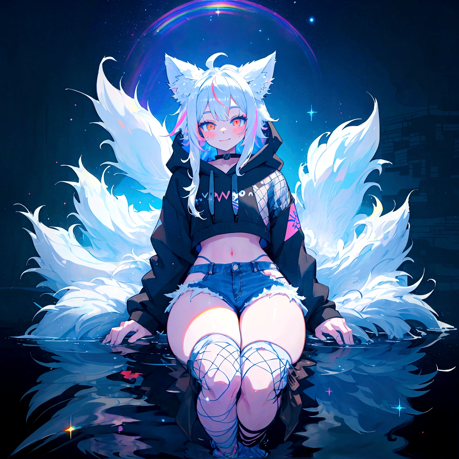 a cute adult male with wolf ears, long white hair, long locks, has a wolf tail, wearing a loose cropped black hoodie, wearing a pair of denim short shorts and fishnet stockings, thick thighs, wide hips, relaxing on mound of fluffy multi colored kawaii plushies, short, very slim, showing slender tummy, heart on hoodie, squishy thighs, has glowing blue eyes. alone, solo (ALONE)(SOLO), surrounded by rainbows, colorful galaxy backround, smiling, stretching out, water reflection