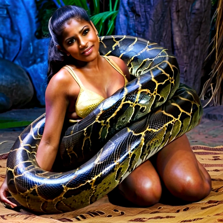 Happy Horny, aroused 1girl), beautiful kneeling indian thick young girl with giant colossal black titanboa squeezing her hard, wrapped in thick spiraling coils, constricted, struggle, gasping for air, snake attack, snake peril, moonless night, dim light