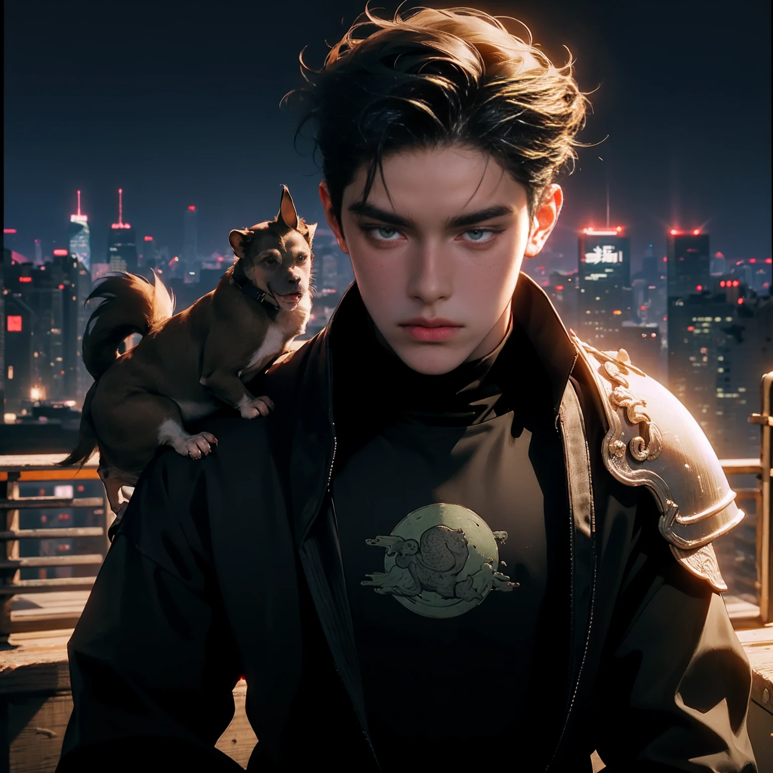 Cyberpunk, (日本warrior刀, warrior), 1 man, Wakame, Peach blossom on forehead, ((Mechanical Armor)), battlefield, night, best quality, Best masterpiece, HD, 16K, 1 dog, 1. Monkey, 1 chicken