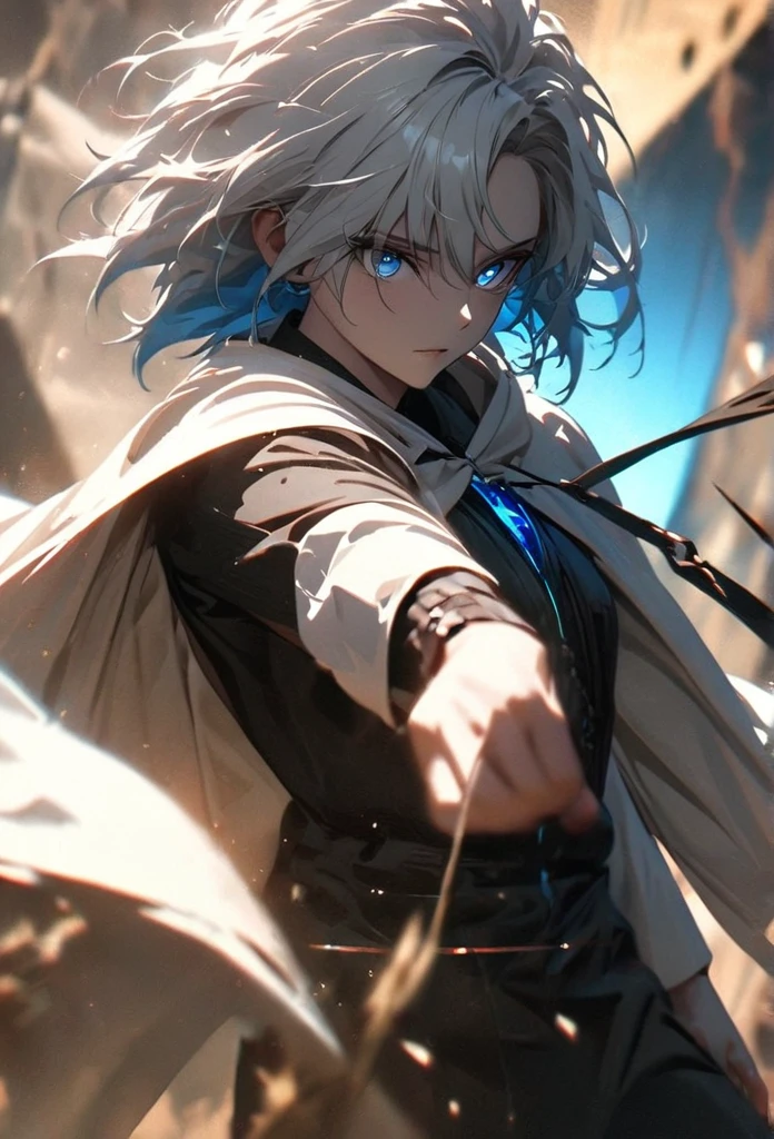 (solo), white hair, messy hair, mane hair, short hair, dense hair, wild hair, expressive hair, mature,(25 year old), pale skin, blue eyes, ((male)), wearing a black dress shirt, wearing a white cloak,, rolled up sleeves, handsome, attractive, eye reflection, depth of field, blue thunder aura, blue cinematic lighting, blue ray tracing, depth of field, cinematic lighting, blue ray tracing, UHD, high details, best quality, highres, high quality, award winning, super detail, masterpiece, 8k, UHD, high details, best quality, highres, high quality, award winning, super detail, masterpiece, 8k, digital art, anime coloring, full body shot, body shot, In a fighting position, Hand to hand combat, good face, perfect face, detailed face, good eyes, looking towards the screen.