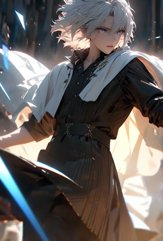 (solo), white hair, messy hair, mane hair, short hair, dense hair, wild hair, expressive hair, mature,(25 year old), pale skin, blue eyes, ((male)), wearing a black dress shirt, wearing a white cloak,, rolled up sleeves, handsome, attractive, eye reflection, depth of field, blue thunder aura, blue cinematic lighting, blue ray tracing, depth of field, cinematic lighting, blue ray tracing, UHD, high details, best quality, highres, high quality, award winning, super detail, masterpiece, 8k, UHD, high details, best quality, highres, high quality, award winning, super detail, masterpiece, 8k, digital art, anime coloring, full body shot, body shot, In a fighting position, Hand to hand combat, good face, perfect face, detailed face, good eyes, looking towards the screen.