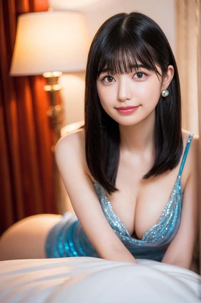 a woman,1 girl,black hair, hair bobbles, longeyelashes, solid circle eyes, light smile, mole under eye, piercing, light smile, shy, puckered lips, Surrealism, drop shadow, stereogram, ass pov, atmospheric perspective, depth of field, first-person view, f/1.8, 8K, super detail, ccurate, best quality, highres, best quality,full body,professional lighting,Cleavage