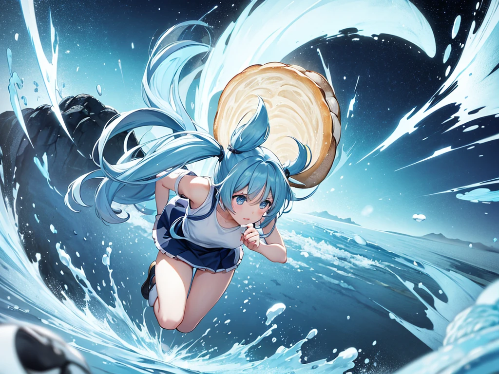 Light blue long hair、Beautiful girl with twin tails、Dream of being chased by bread、Full of bread、A lot of bread is chasing me、The girl is running desperately、Bread Storm、Bread splash art