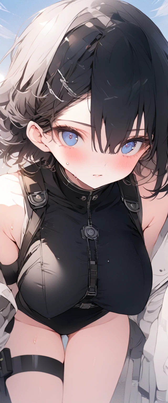 beautiful, masterpiece, Highest quality, anime, One girl, C Cup,Portrait Shot, View your viewers, Covered、Short Hair、nearby、Blue Eyes、art、、White hair,Blue streaked hair、hairpin、Cute Shy、Thighs、Cute、blue sky、Beautiful breasts、Full Harness、valley、Sweat、Under Harness、Body Harness、Blue-black_Sci-fi military uniforms
