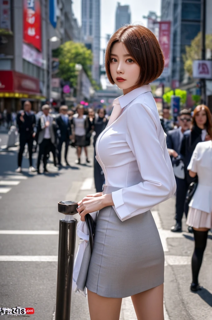 a 20 year old face of the most beautiful actress in the world, the perfect body proportions of a female, tight blazer is worn with formal shirt on female upper body, panties of female crotch between bare legs under short skirt are seeable, detailed skirt suit for a female, the short hair cut for a female, standing, at the city street, nsfw, best quality, highly detailed, masterpiece, ultra high res, photo realistic, 8k