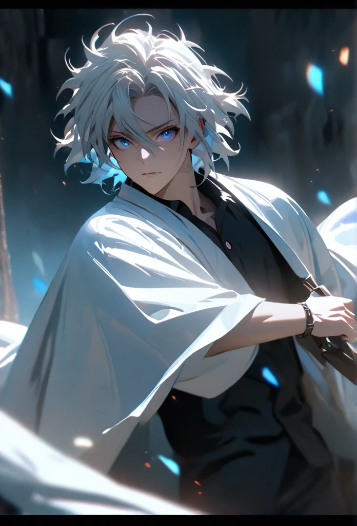 (solo), white hair, messy hair, mane hair, short hair, dense hair, wild hair, expressive hair, mature,(25 year old), pale skin, blue eyes, ((male)), wearing a black dress shirt, wearing a white cloak,, rolled up sleeves, handsome, attractive, eye reflection, depth of field, blue thunder aura, blue cinematic lighting, blue ray tracing, depth of field, cinematic lighting, blue ray tracing, UHD, high details, best quality, highres, high quality, award winning, super detail, masterpiece, 8k, UHD, high details, best quality, highres, high quality, award winning, super detail, masterpiece, 8k, digital art, anime coloring, full body shot, body shot, In a fighting position, Hand to hand combat, good face, perfect face, detailed face, good eyes, looking towards the screen.