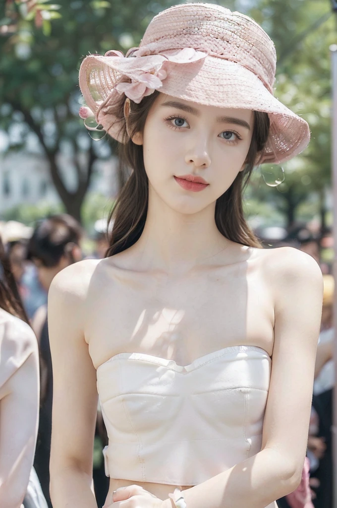 (Extremely meticulous CG),(((8k))),wallpaper,((Extremely refined and beautiful)),(((Masterpiece))),(((best qualtiy))),(((Ultra High Resolution))),realistic shaded,(Smooth and flawless fair skin:1.5),(Extremely exquisite facial details:1.2),(ultra-detailed:1.5),((a beautiful girl,solo)),(Pink Fisherman hat:1.5),(shoulder length straight hair:1.3),(small head:1.2),(slender face:1.2),(Exquisite makeup:1.3),(happy:1.2),(laughing:1.2),(perfect body:1.2),(strapless white bra:1.5),(small breasts:1.3),(flat chest:1.2),((slim,thin)),(from front:1.3),(standing:1.3),(at the schoolgate:1.5),(urban landscape:1.3),(outdoor:1.3),(summer:1.3),(day scene:1.3),(afternoon sunshine:1.3),(close-up of face:1.3),(surrounded by crowded crowds:1.5)