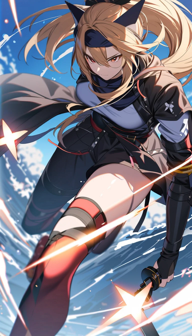 ponytail、Ninja、Shuriken、dynamic pose、Blonde、knife