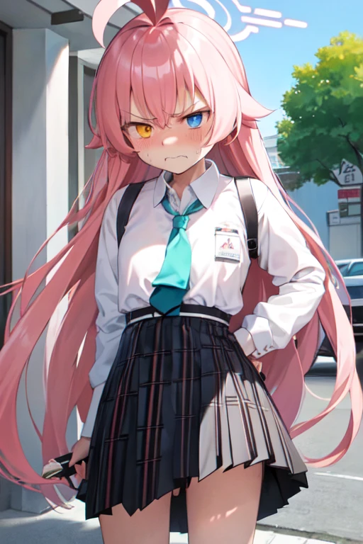 masterpiece, Highest quality, Very detailed, One Girl, Hoshino, White shirt, Pleated skirt, Embarrassing, Are standing,
 Outdoor,,(defiant look:1.3),(painful expression:1.2),(scowled:1.3),(serious:1.2), (angry:1.3), neat,(frown:1.3),(blush:1.3),(despair:1.2),(close mouth,clenching teeth:1.1),