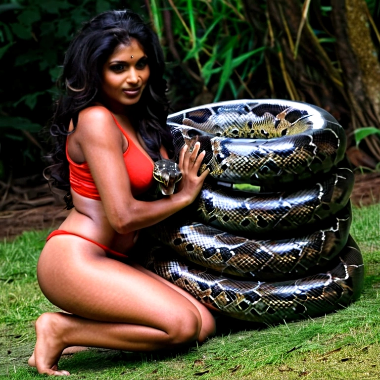  Happy Horny, aroused 1girl), beautiful kneeling indian thick young  girl  with  giant colossal black titanboa squeezing her hard, wrapped in thick spiraling coils, constricted, struggle, gasping for air, snake attack, snake peril, moonless night, dim light