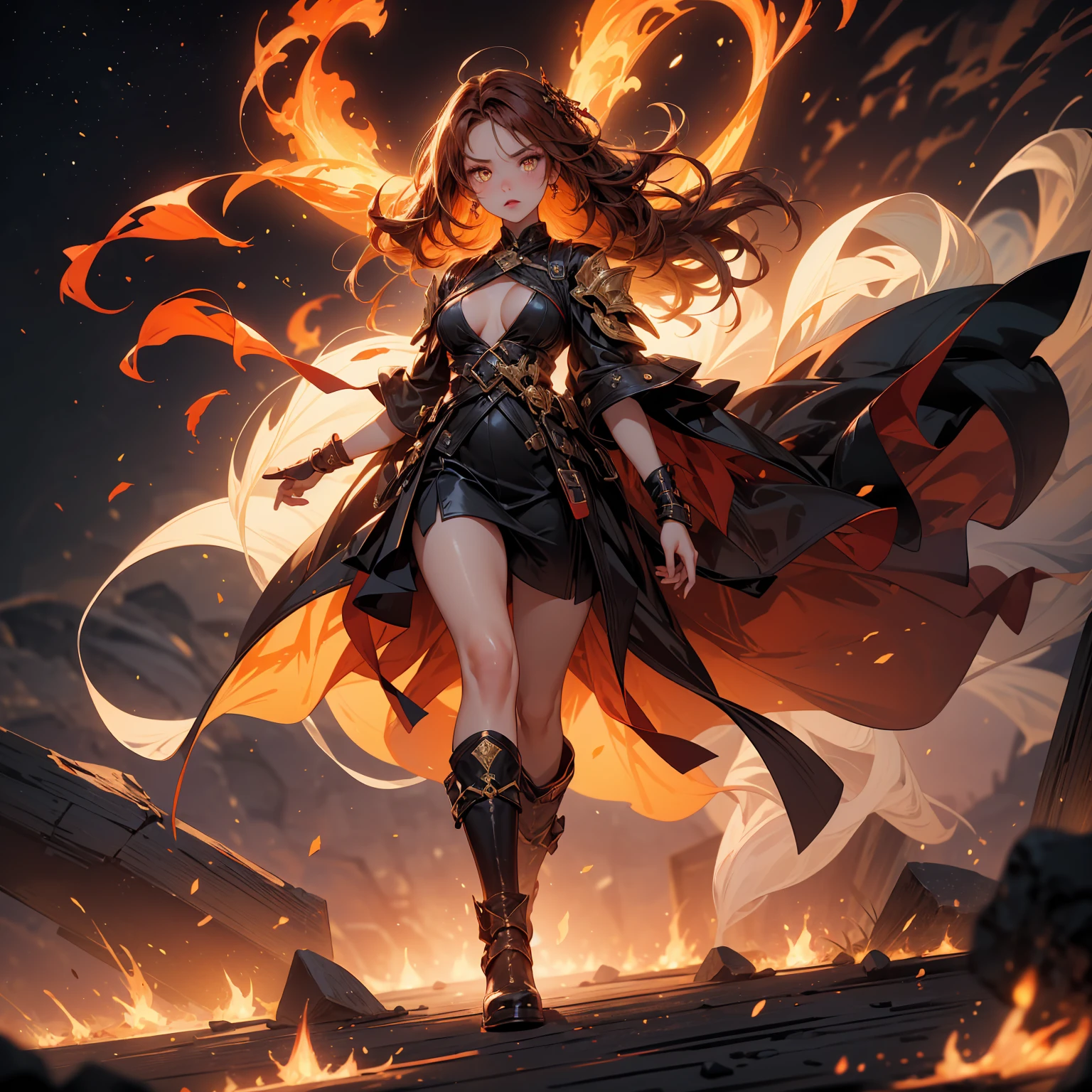 A striking artwork of a fiery and majestic female character amidst a dramatic, fiery backdrop. The full-body view highlights her vibrant gold and red clothes that reflect her fiery nature. Her gradient long hair, transitioning from black to orange to red, flows like flames around her fierce face. Her yellow eyes gleam with determination and courage. She brandishes a flame whip, crackling with fiery energy, enhancing her formidable presence.
The setting is a volcanic landscape with molten lava flows and burning embers lighting up the night. The sky is ablaze with the colors of a setting sun, and the ground is scorched and cracked, giving the scene an intense and dramatic atmosphere that mirrors the character’s fiery spirit.