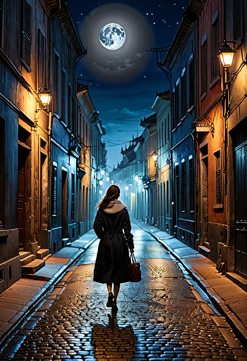 A street at night, dark lighting, a woman on her way home, a moonlit night, (best quality, masterpiece, highres), detailed,