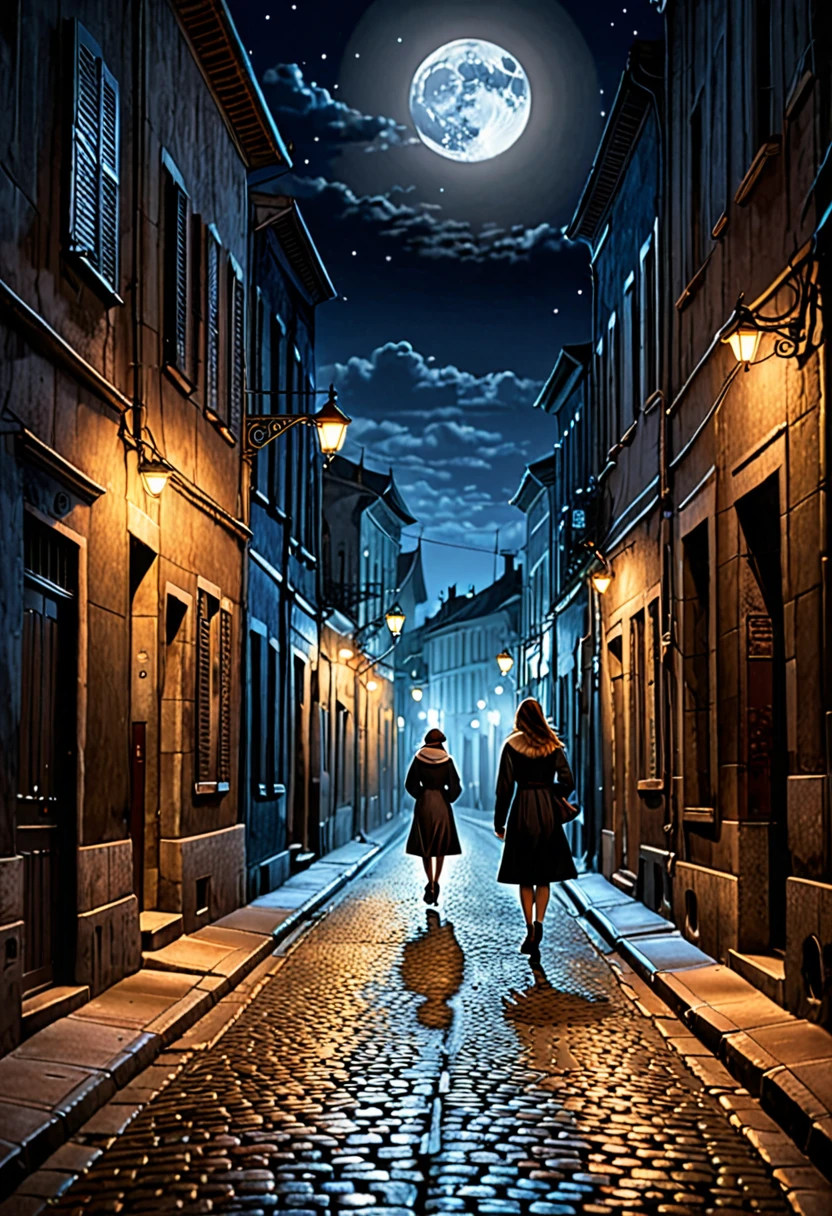 A street at night, dark lighting, a woman on her way home, a moonlit night, (best quality, masterpiece, highres), detailed,
