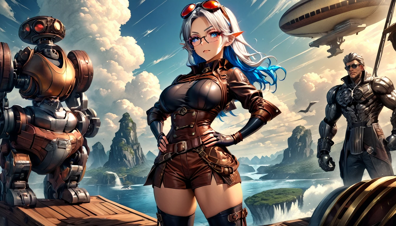 Masterpiece, high quality, illustration, extremely detailed, CG 8k unit, Dirigible, wind effects, 1_Women, whole body, standing on the deck of the wooden boat, clouds, lake, (exotic skin_complexion:1.4),maduro, statuary, high, beautiful, exotic, with long elf ears, looking to the side, two tone hair, long silver hair with Blue hair underneath, detailed face with diamond shaped eyes, (Blue_eyes), (dark_eyeliner), long_medium lashes_bust, airtight_gap, wearing steampunk corsé, chest window, brown shorts, cross belts, (glasses on head), red tinted glasses lenses, long fingerless_gloves, belts with metal gears, brown half skirt, hands on the hips, black airtight highs with embroidery, lace-up knee-high boots, Dynamic lighting casts detailed shadows., by canon dos, SIGMA 35mm F1 Art Lens.4, iso 100 shutter speed 2000, perfect hands,