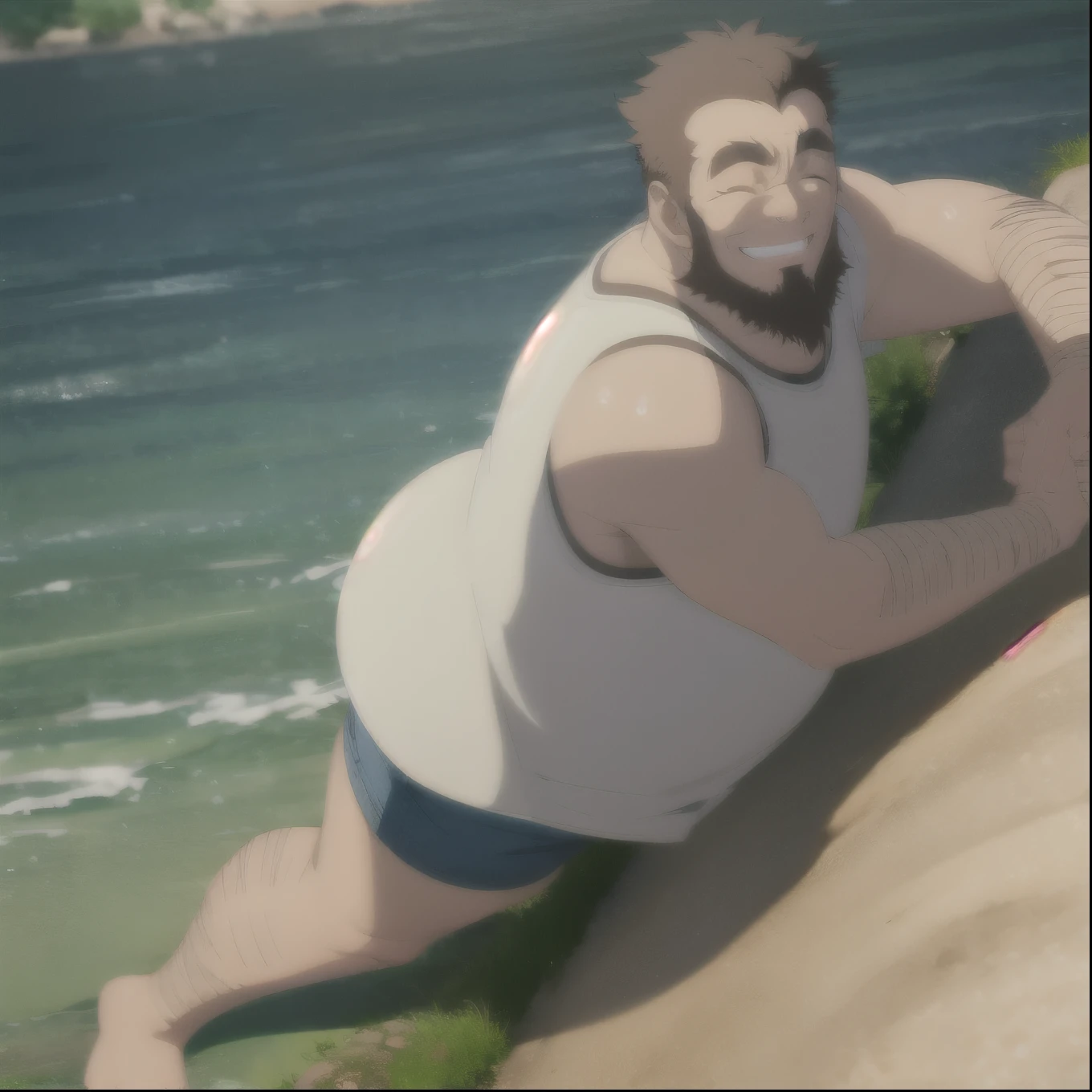 best quality, full body, smile, laughing, eyes closed, (drunk:1), daytime, summer, (level-37:1.8), looking at viewer, BREAK mature male, wide shot, masterpiece, (old man:1), (white tanktop, wet white shirt:1.2), blue jeans, (brown hair:0.7), (fat man:1), hand on belly, (arm hair:1), green eyes, beard, (sideburns:1), thick eyebrows,