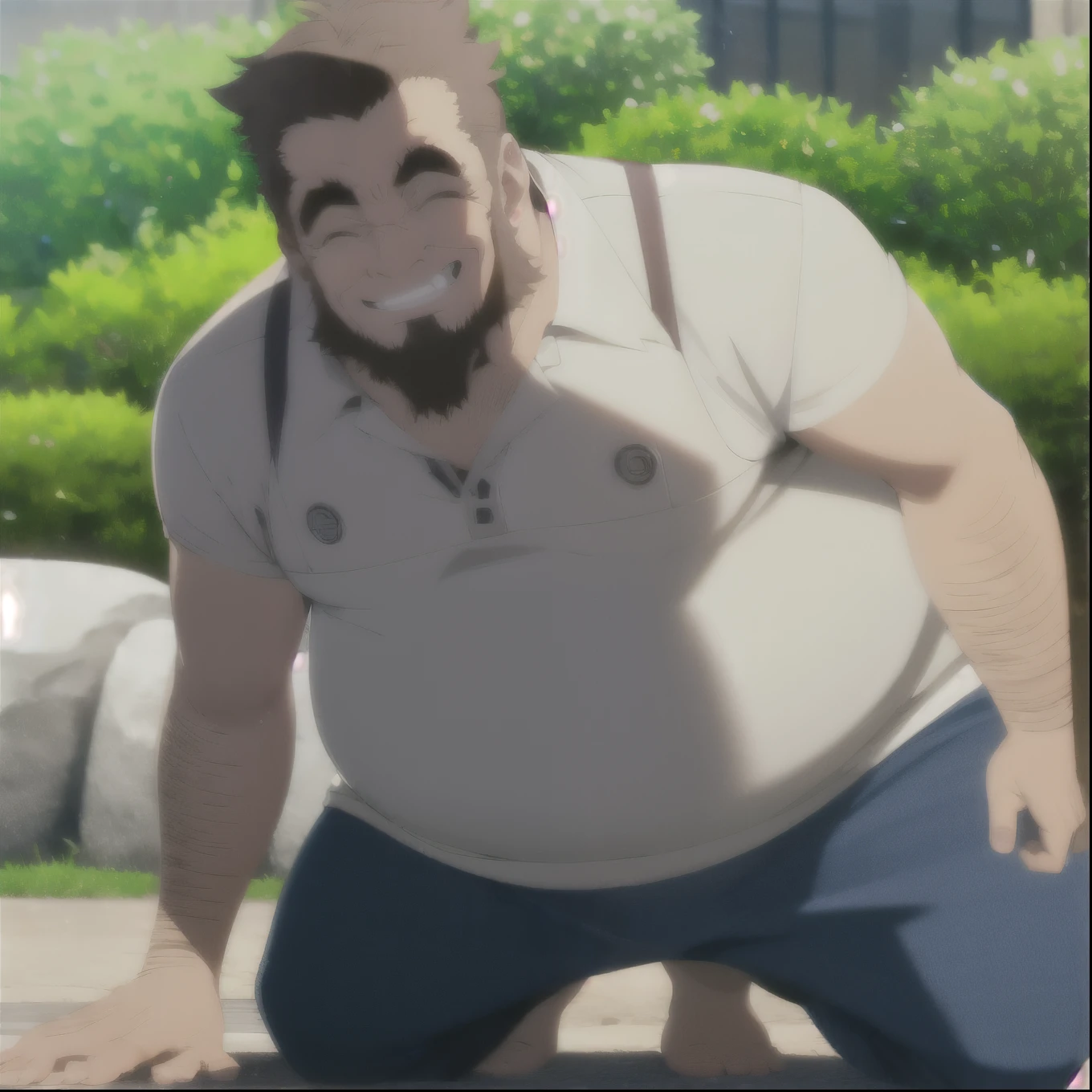 best quality, full body, smile, laughing, eyes closed, (drunk:1), daytime, summer, (level-37:1.8), looking at viewer, BREAK mature male, wide shot, masterpiece, (old man:1), (white tanktop, wet white shirt:1.2), blue jeans, (brown hair:0.7), (fat man:1), hand on belly, (arm hair:1), green eyes, beard, (sideburns:1), thick eyebrows, 