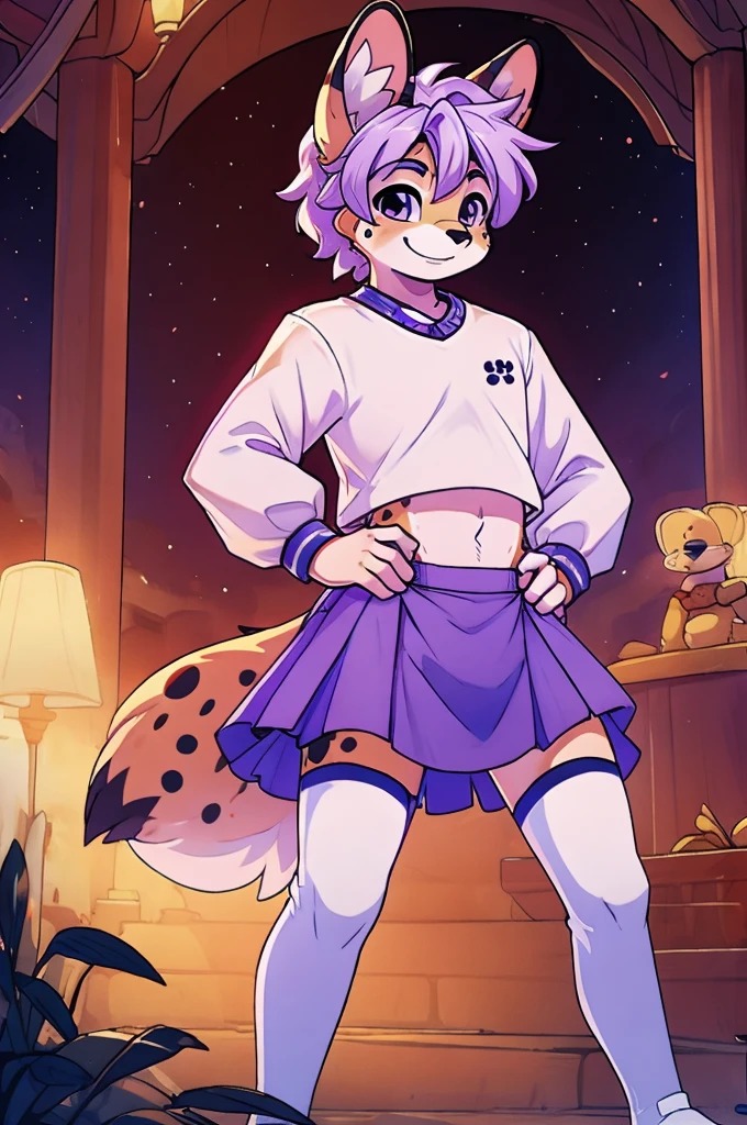 male anthro furry, teenage boy, serval, lavender colored skirt, white thigh high socks, white long-sleeve crop top, cute pose, smiling, light purple hair with black spots, hands on hips, diaper under skirt, showing off diaper