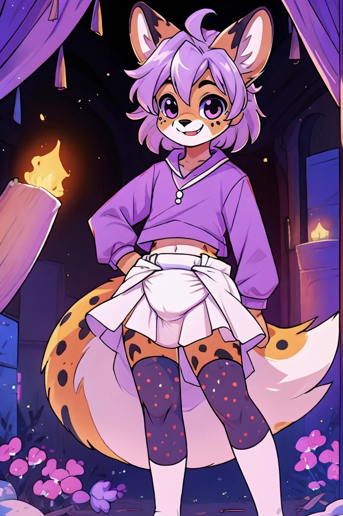 male anthro furry, teenage boy, serval, lavender colored skirt, white thigh high socks, white long-sleeve crop top, cute pose, smiling, light purple hair with black spots, hands on hips, diaper under skirt, showing off diaper