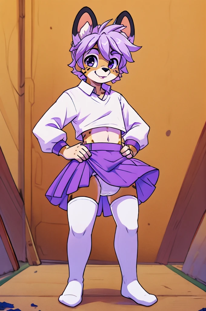 male anthro furry, age boy, serval, lavender colored skirt, white thigh high socks, white long-sleeve crop top, cute pose, smiling, light purple hair with black spots, hands on hips, diaper under skirt, showing off diaper