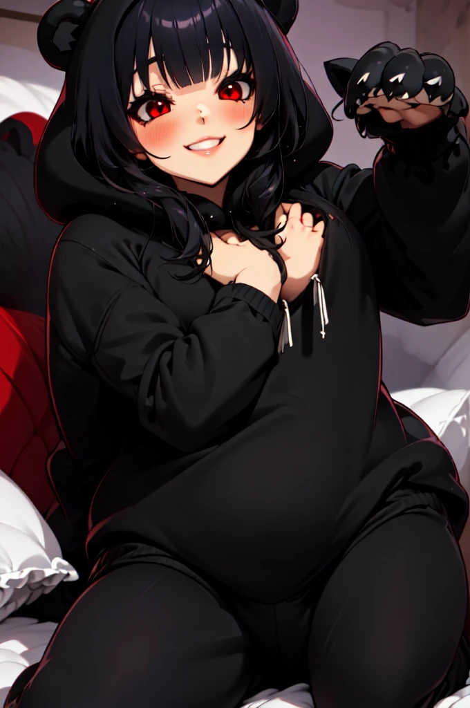 beautiful, (Masterpiece), Best Quality, (extremely detailed face), extremely detailed eyes, perfect lighting, General detail,(junkotvv) detailed, deep skin,textured skin,
,Bear costume ,black Bear costume, long sleeves, hood up,,mauve , long black fur, Red eyes, big smile,in bed ,sitting between pillows,
,