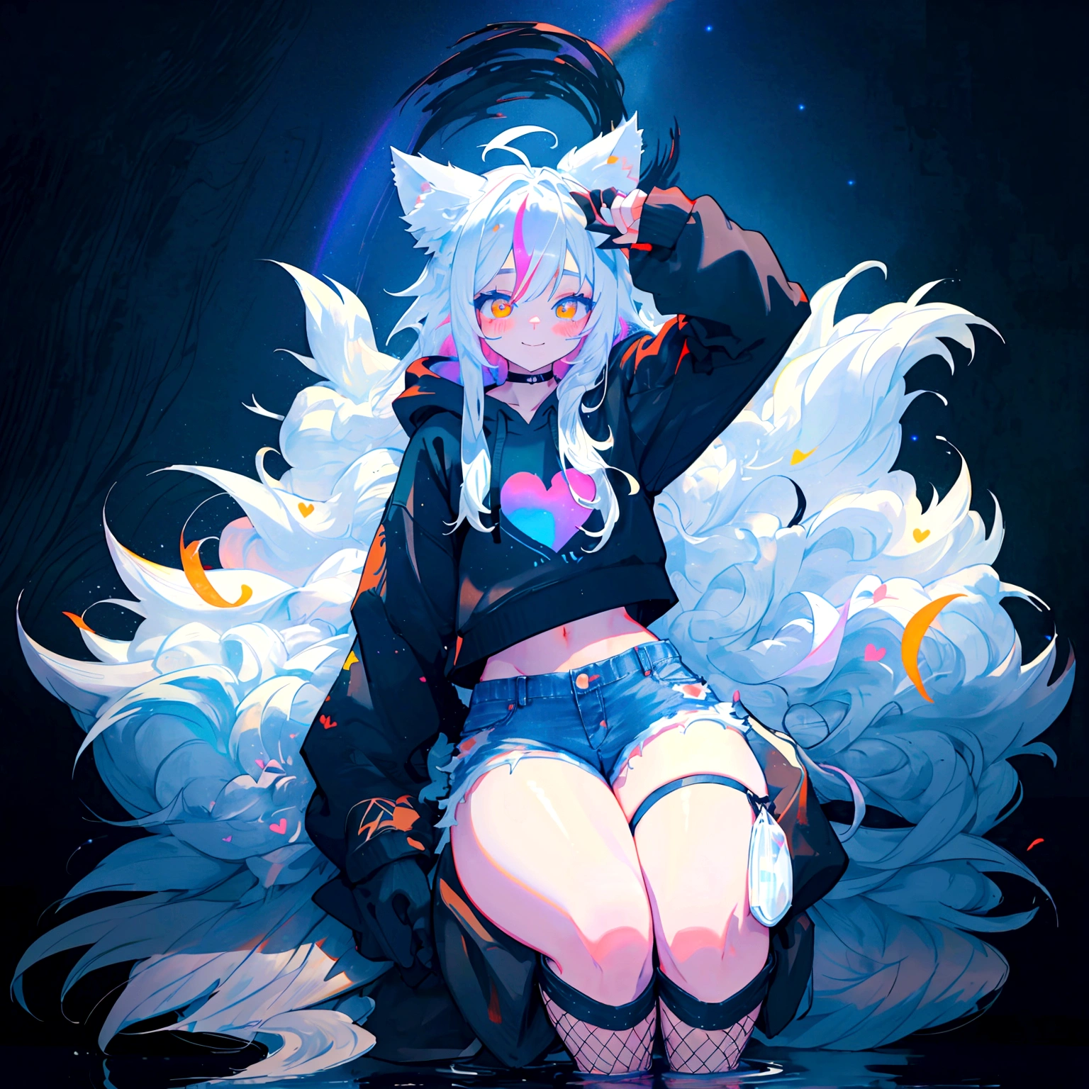 a cute adult male with wolf ears, long white hair, long locks, has a wolf tail, wearing a loose cropped black hoodie, wearing a pair of denim short shorts and fishnet stockings, thick thighs, wide hips, relaxing on mound of fluffy multi colored kawaii plushies, short, very slim, showing slender tummy, heart on hoodie, squishy thighs, has glowing blue eyes. alone, solo (ALONE)(SOLO), surrounded by rainbows, colorful galaxy backround, smiling, stretching out, water reflection