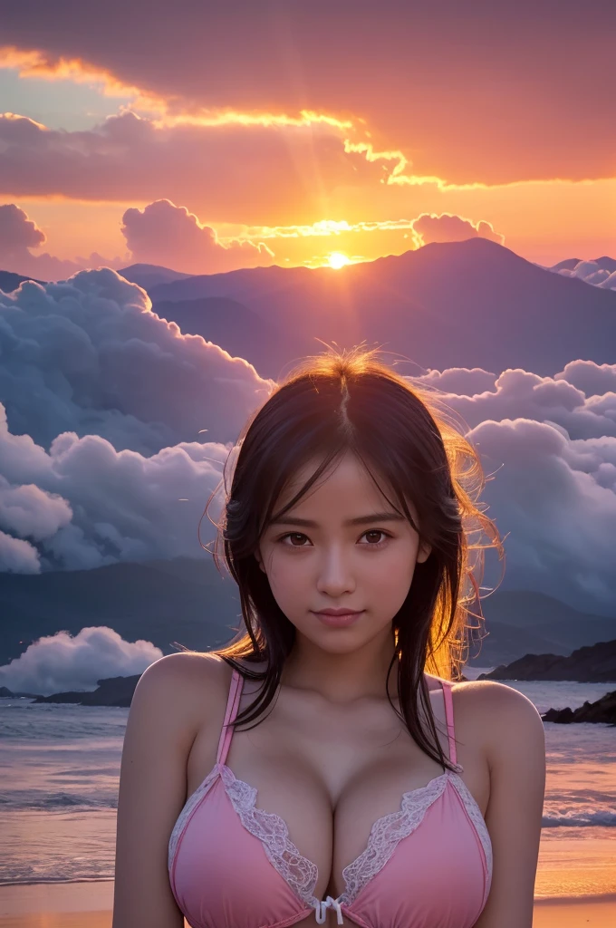 best quality, masterpiece, soft light, ultra high resolution, (photorealistic:1.4), Raw photo, 1 girl, ((young beautiful girl)), (), no makeup, solo, cute type, (student, light in the eyes), detailed beautiful face, Beautiful detailed eyes , Sexy face,Face feeling ecstasy,Face at the peak of sexual arousal,Excited face from, open mouse, (((huge big breasts :1.4))),(High resolution details of human skin texture), Embarrassing, smile, (People photography), ((The crotch area is also wet)), (perky butt), (Put your hands behind your head, Show the armpits:1.2), ((Being in the beach)), ((Beautiful background of very beautiful clouds and sunset:2, Beautiful background with details of a summer sunset:2, Very beautiful summer background:2))