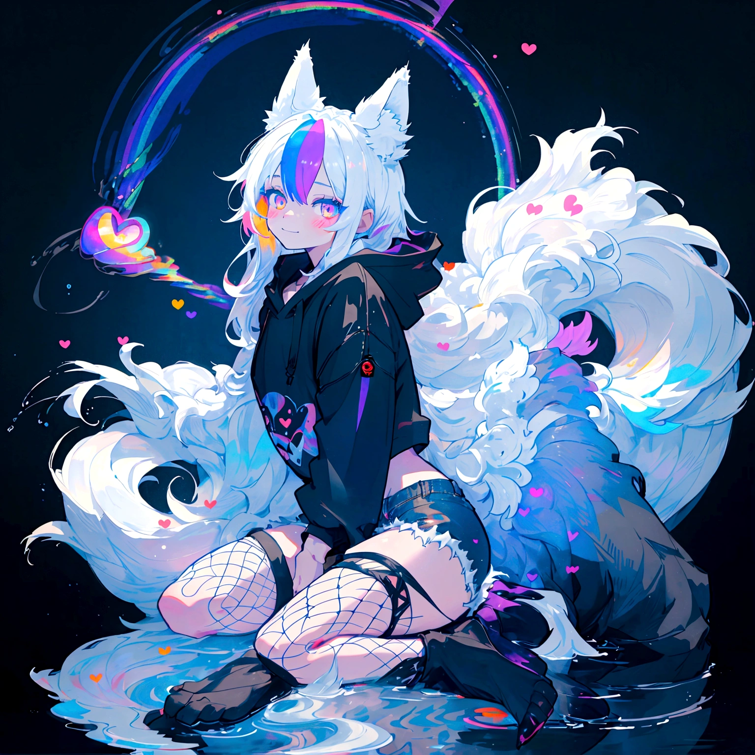 a cute adult male with wolf ears, long white hair, long locks, has a wolf tail, wearing a loose cropped black hoodie, wearing a pair of denim short shorts and fishnet stockings, thick thighs, wide hips, relaxing on mound of fluffy multi colored kawaii plushies, short, very slim, showing slender tummy, heart on hoodie, squishy thighs, has glowing blue eyes. alone, solo (ALONE)(SOLO), surrounded by rainbows, colorful galaxy backround, smiling, stretching out, water reflection