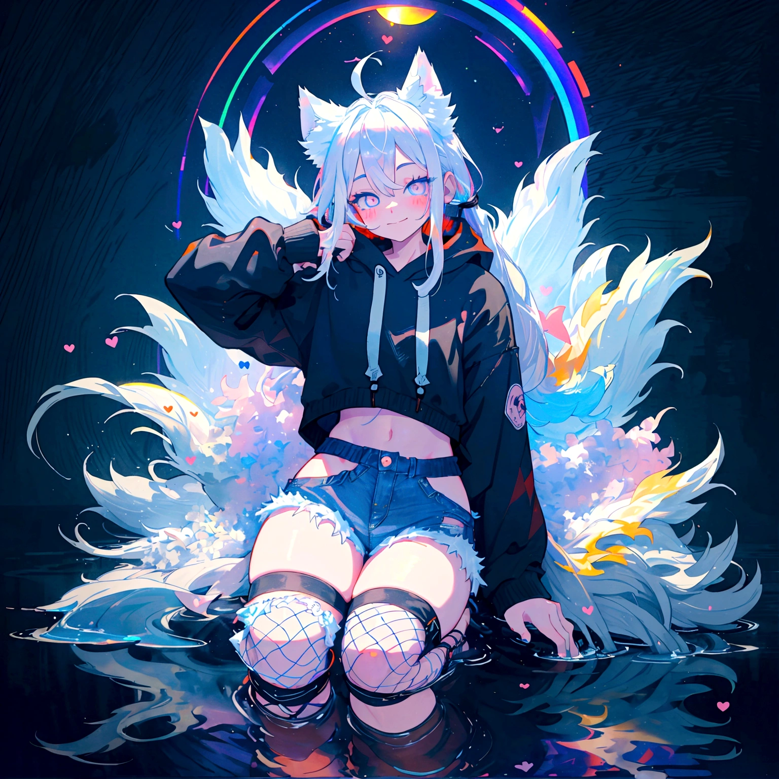 a cute adult male with wolf ears, long white hair, long locks, has a wolf tail, wearing a loose cropped black hoodie, wearing a pair of denim short shorts and fishnet stockings, thick thighs, wide hips, relaxing on mound of fluffy multi colored kawaii plushies, short, very slim, showing slender tummy, heart on hoodie, squishy thighs, has glowing blue eyes. alone, solo (ALONE)(SOLO), surrounded by rainbows, colorful galaxy backround, smiling, stretching out, water reflection
