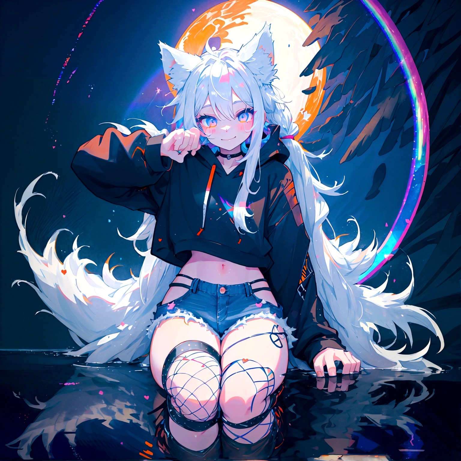 a cute adult male with wolf ears, long white hair, long locks, has a wolf tail, wearing a loose cropped black hoodie, wearing a pair of denim short shorts and fishnet stockings, thick thighs, wide hips, relaxing on mound of fluffy multi colored kawaii plushies, short, very slim, showing slender tummy, heart on hoodie, squishy thighs, has glowing blue eyes. alone, solo (ALONE)(SOLO), surrounded by rainbows, colorful galaxy backround, smiling, stretching out, water reflection