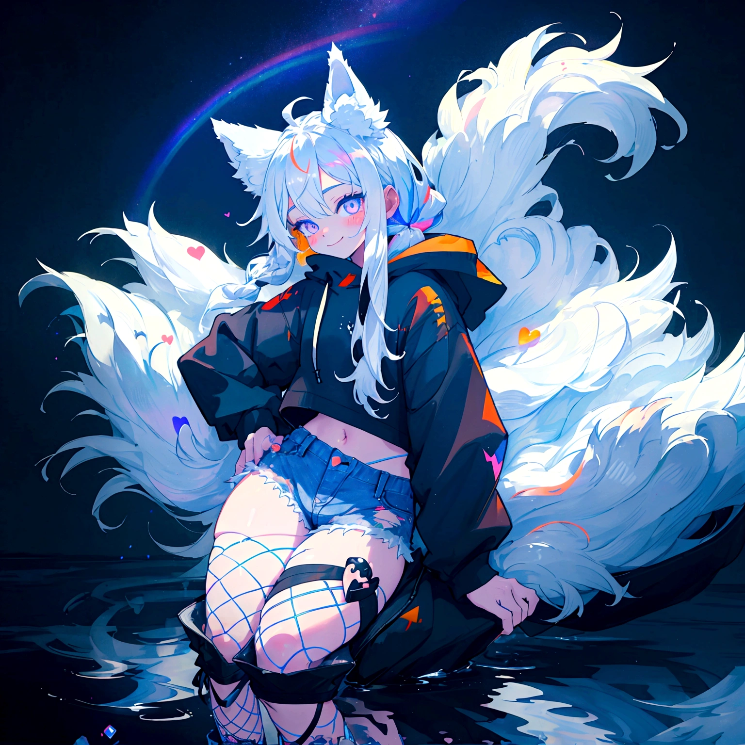 a cute adult male with wolf ears, long white hair, long locks, has a wolf tail, wearing a loose cropped black hoodie, wearing a pair of denim short shorts and fishnet stockings, thick thighs, wide hips, relaxing on mound of fluffy multi colored kawaii plushies, short, very slim, showing slender tummy, heart on hoodie, squishy thighs, has glowing blue eyes. alone, solo (ALONE)(SOLO), surrounded by rainbows, colorful galaxy backround, smiling, stretching out, water reflection