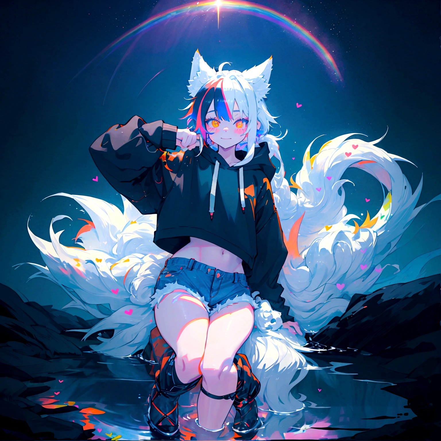 a cute adult male with wolf ears, long white hair, long locks, has a wolf tail, wearing a loose cropped black hoodie, wearing a pair of denim short shorts and fishnet stockings, thick thighs, wide hips, relaxing on mound of fluffy multi colored kawaii plushies, short, very slim, showing slender tummy, heart on hoodie, squishy thighs, has glowing blue eyes. alone, solo (ALONE)(SOLO), surrounded by rainbows, colorful galaxy backround, smiling, stretching out, water reflection