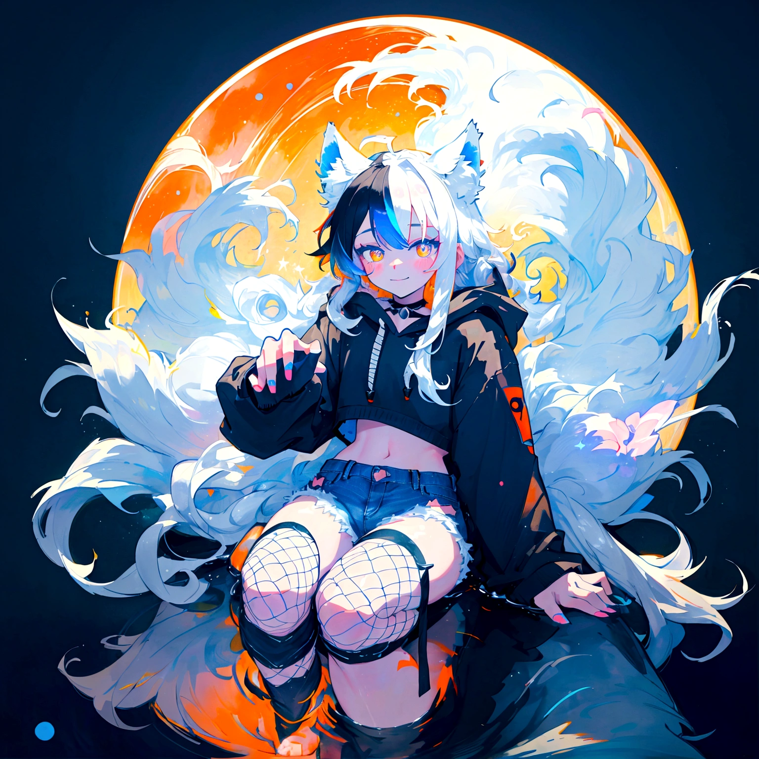 a cute adult male with wolf ears, long white hair, long locks, has a wolf tail, wearing a loose cropped black hoodie, wearing a pair of denim short shorts and fishnet stockings, thick thighs, wide hips, relaxing on mound of fluffy multi colored kawaii plushies, short, very slim, showing slender tummy, heart on hoodie, squishy thighs, has glowing blue eyes. alone, solo (ALONE)(SOLO), surrounded by rainbows, colorful galaxy backround, smiling, stretching out, water reflection
