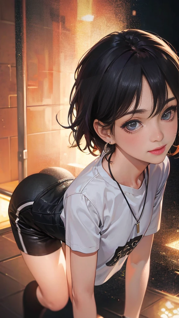 8K,(RAW photos),(best quality), (Photo-realistic:1.4),Realistic skin texture 1girl,Lovely,Double eyelids,Bangs,whole body,,Thin legs,(fit),Slim,Smile,short hair,earrings,necklace,Watch and look at the audience,Face Focus,Depth of Field,club ,(Chest close-up:1),Bokeh,,Light T-shirt,Black shorts