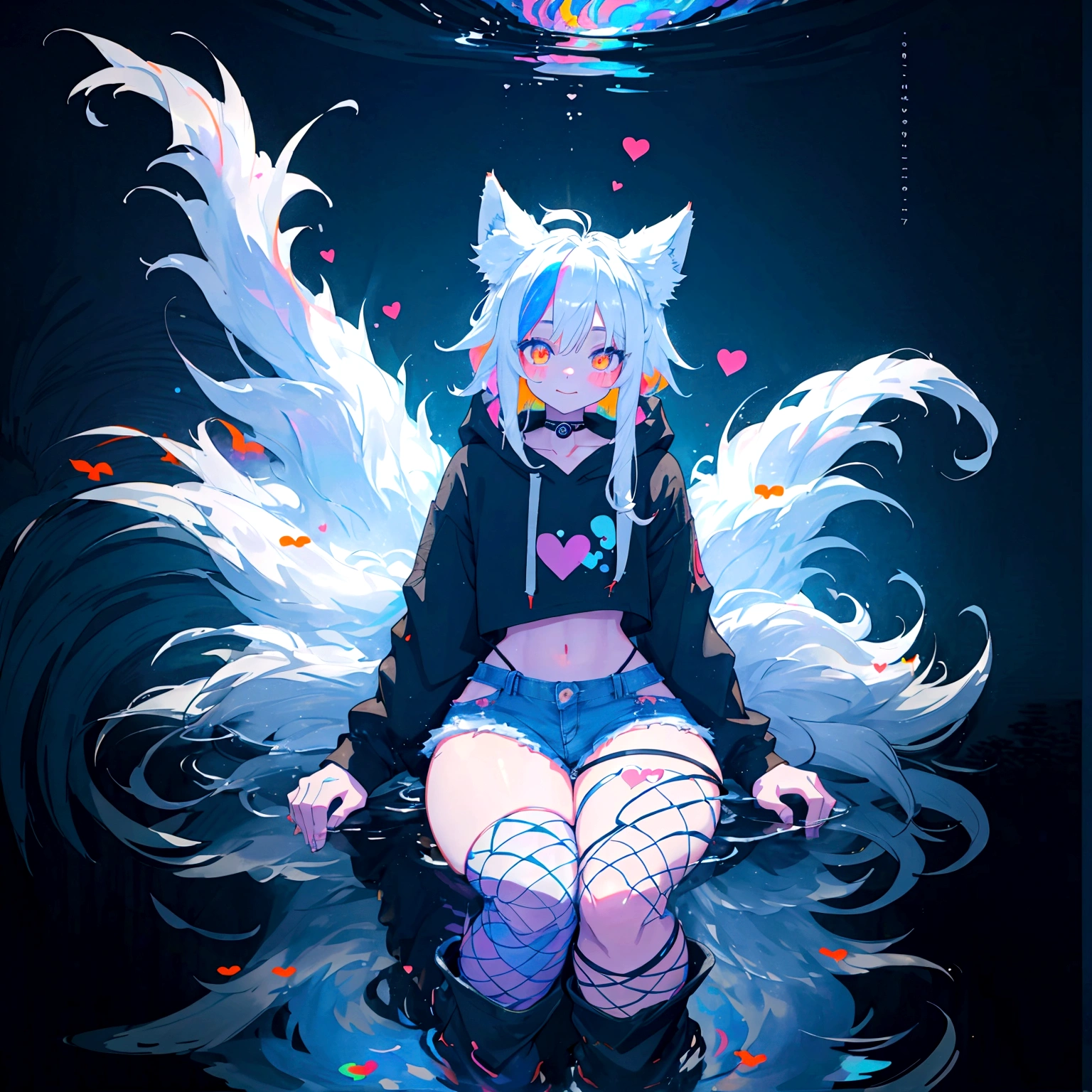 a cute adult male with wolf ears, long white hair, long locks, has a wolf tail, wearing a loose cropped black hoodie, wearing a pair of denim short shorts and fishnet stockings, thick thighs, wide hips, relaxing on mound of fluffy multi colored kawaii plushies, short, very slim, showing slender tummy, heart on hoodie, squishy thighs, has glowing blue eyes. alone, solo (ALONE)(SOLO), surrounded by rainbows, colorful galaxy backround, smiling, stretching out, water reflection