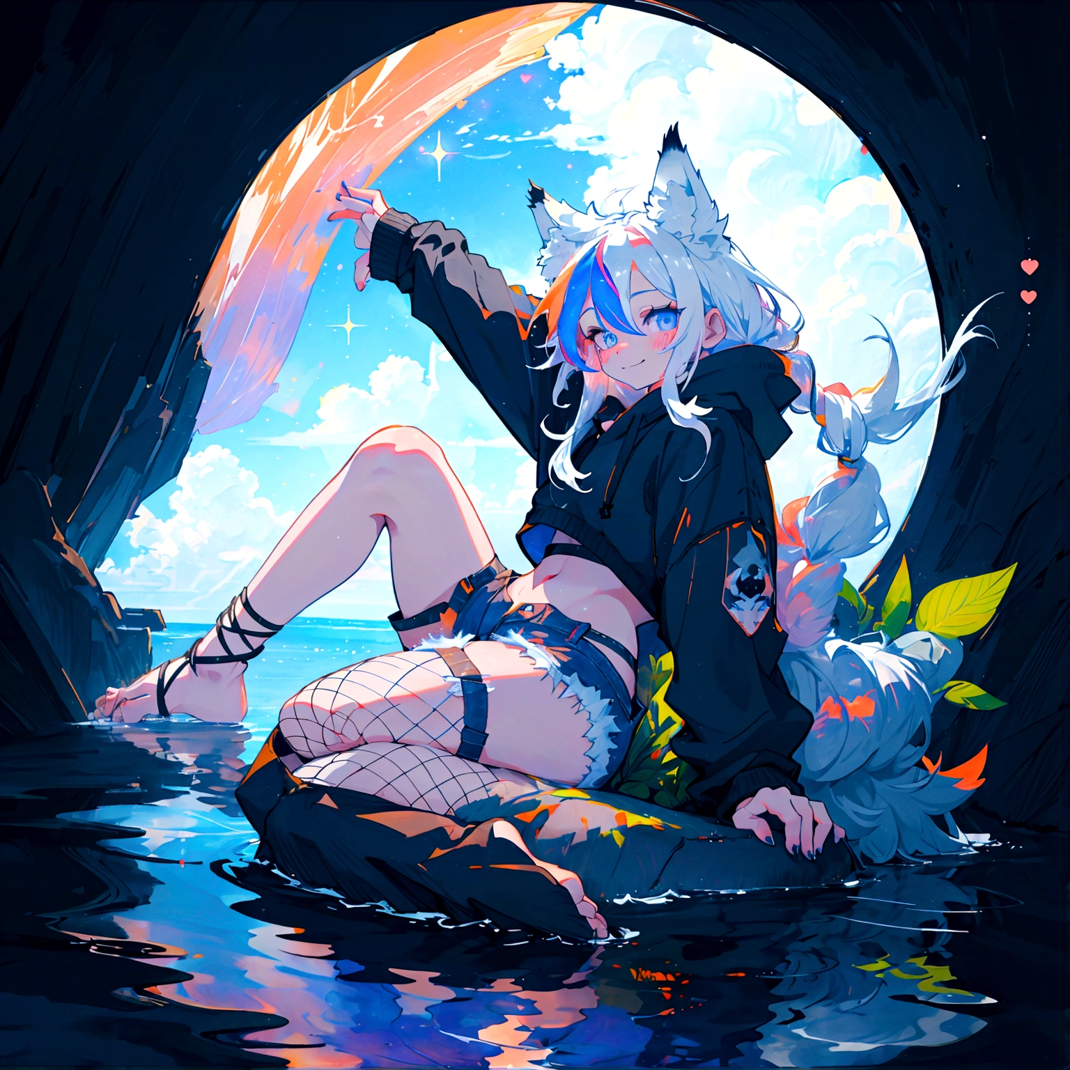 a cute adult male with wolf ears, long white hair, long locks, has a wolf tail, wearing a loose cropped black hoodie, wearing a pair of denim short shorts and fishnet stockings, thick thighs, wide hips, relaxing on mound of fluffy multi colored kawaii plushies, short, very slim, showing slender tummy, heart on hoodie, squishy thighs, has glowing blue eyes. alone, solo (ALONE)(SOLO), surrounded by rainbows, colorful galaxy backround, smiling, stretching out, water reflection