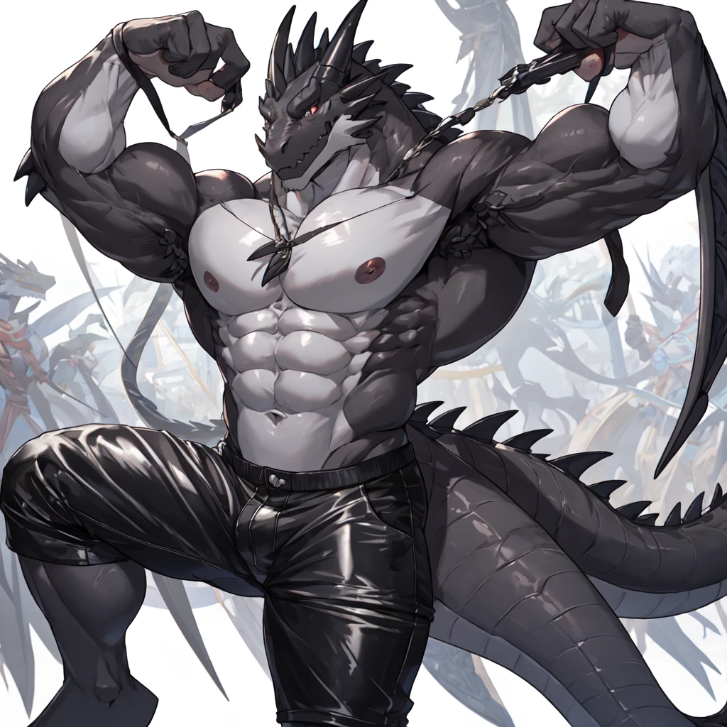 masterpiece, Anthropomorphic Black Dragon, ,There is a pair of beautiful dragon horns., Black Dragon Scales,1 tail, very muscular body, nice, Shorts only full body rubber suit 8 packs of firm abs Amazing arm muscles good looking Pants down I can see my crotch Erotic Muscular arms I can put strength in my arms Skin radiance beautiful abs