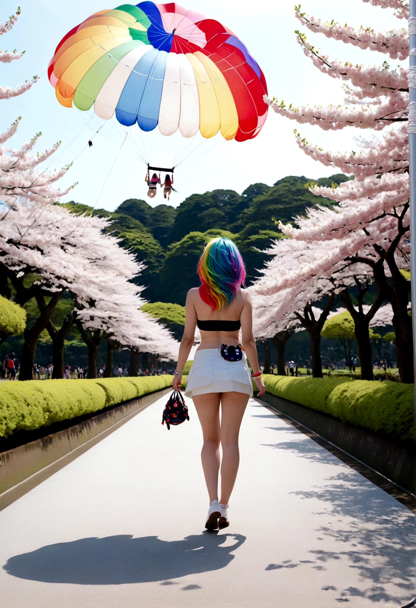A lovely woman (miniskirt, rainbow hair, tube top, parasail) is a tourist in Japan, she is walking through a park while the cherries are in bloom, view from behind