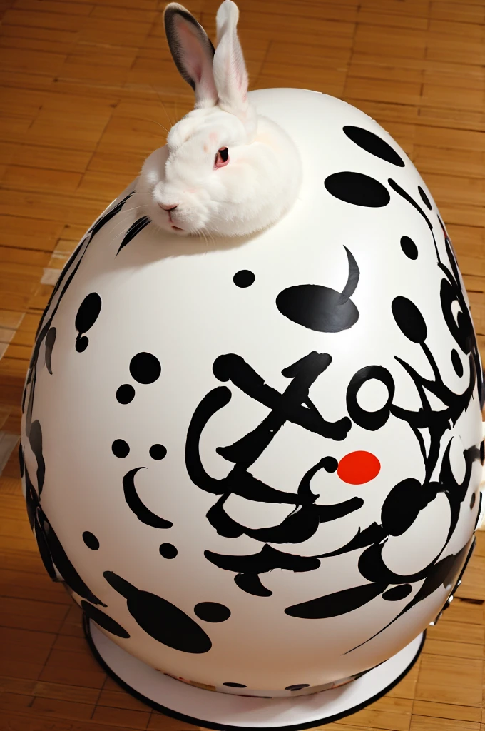 an anthropomorphic white and black spotted rabbit dressed as a taiko drummer playing a giant taiko drum, masterpiece, best, photo realistic