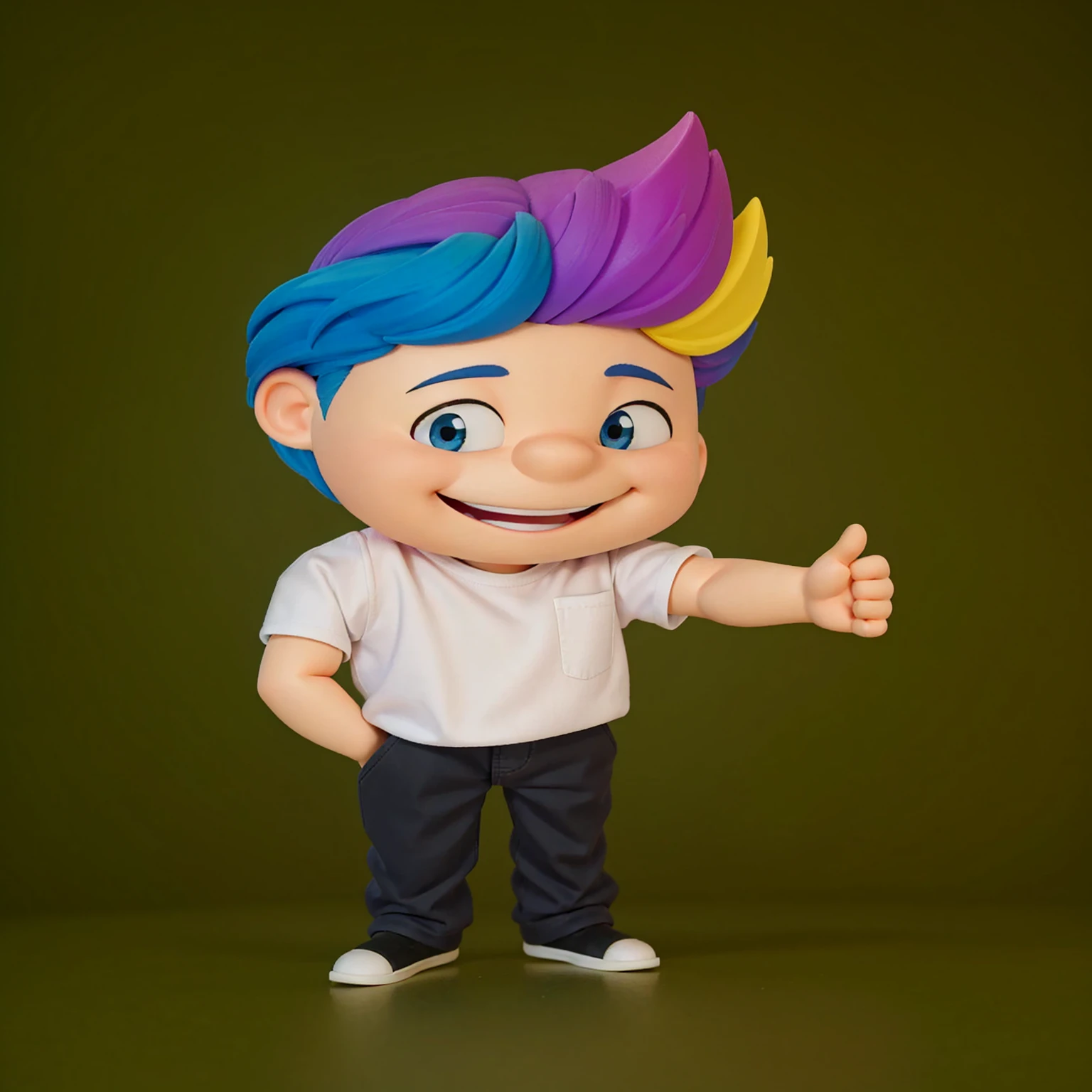 good-great,3d, high qualiy, 1,young man, with big smile, showing teeth, Big eyes, colored hair, 4 colors  hair blue, Pink, yellow and black, white shirt, fully body, positive sign, hand in pocket disney pixar style