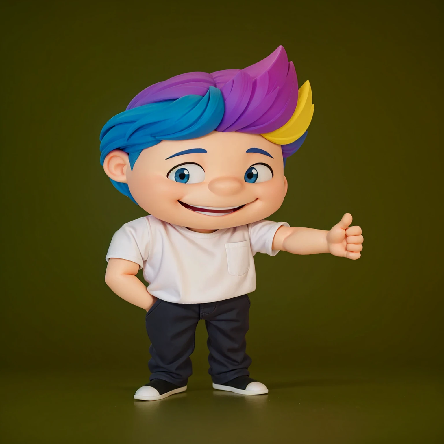 good-great,3d, high qualiy, 1,young man, with big smile, showing teeth, Big eyes, colored hair, 4 colors hair blue, Pink, yellow and black, white shirt, fully body, positive sign, hand in pocket disney pixar style